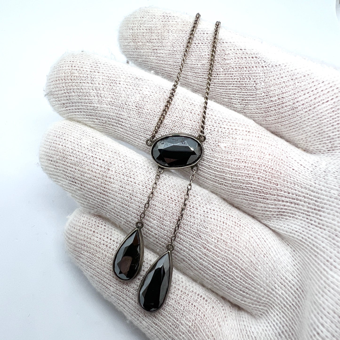 Antique Early 1900s. Solid Silver Hematite Negligee Necklace.