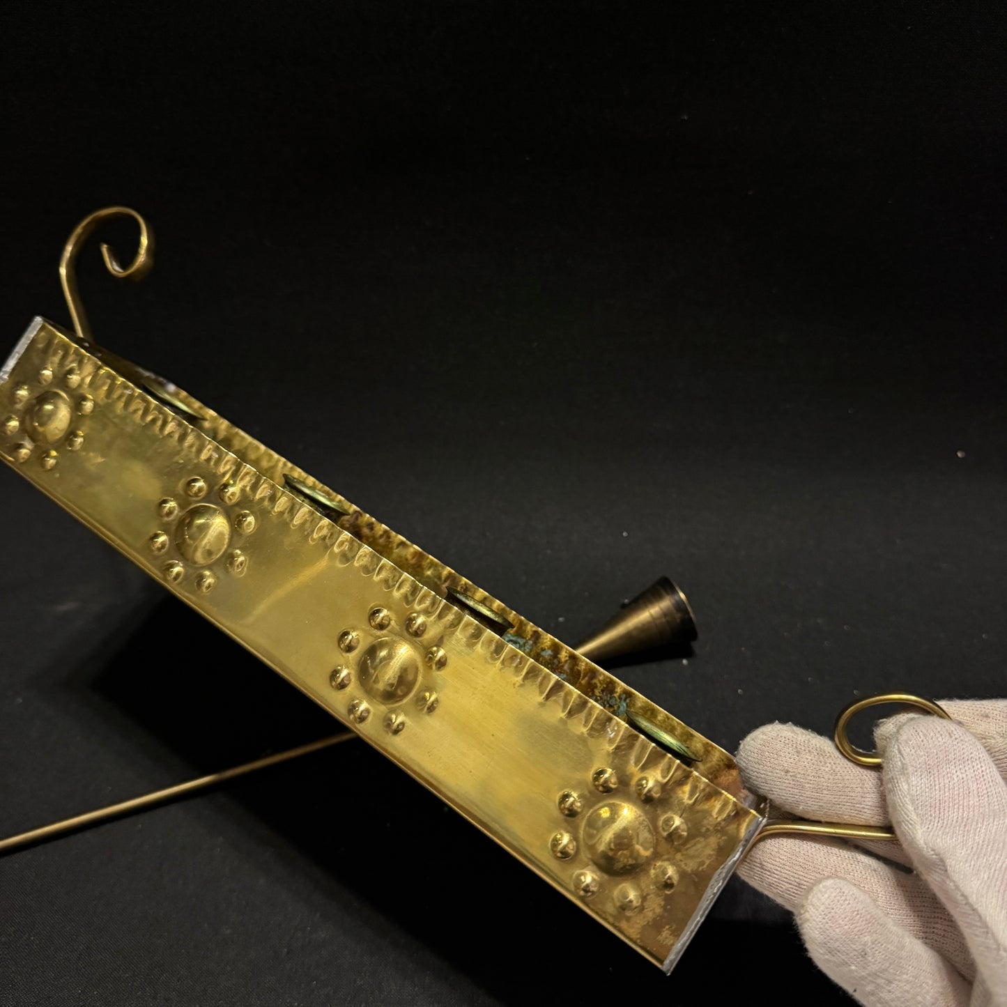 Sweden c 1940s. Vintage Brass Advent Candleholder + Candle Snuffer