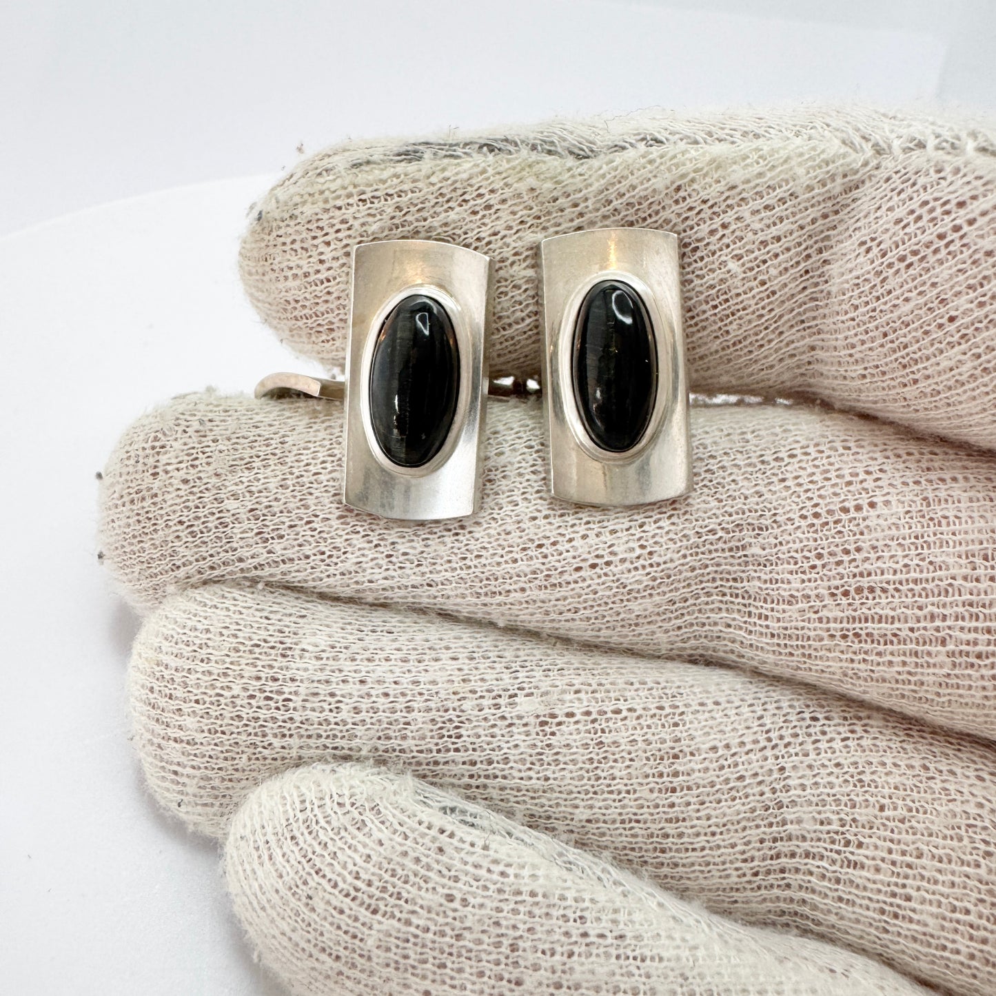 Elis Kauppi, Kupittaan Kulta Finland 1965. Vintage Solid Silver Obsidian Cufflinks