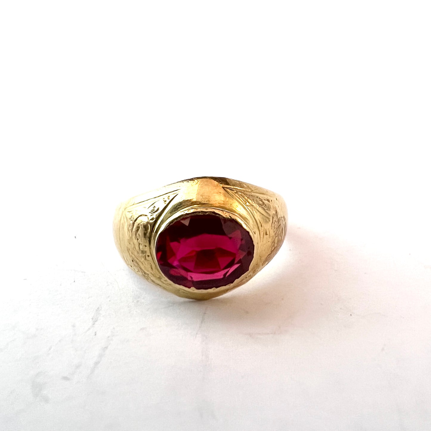 J W Allan Andersson, Sweden 1940s 18k Gold Synthetic Ruby Ring.