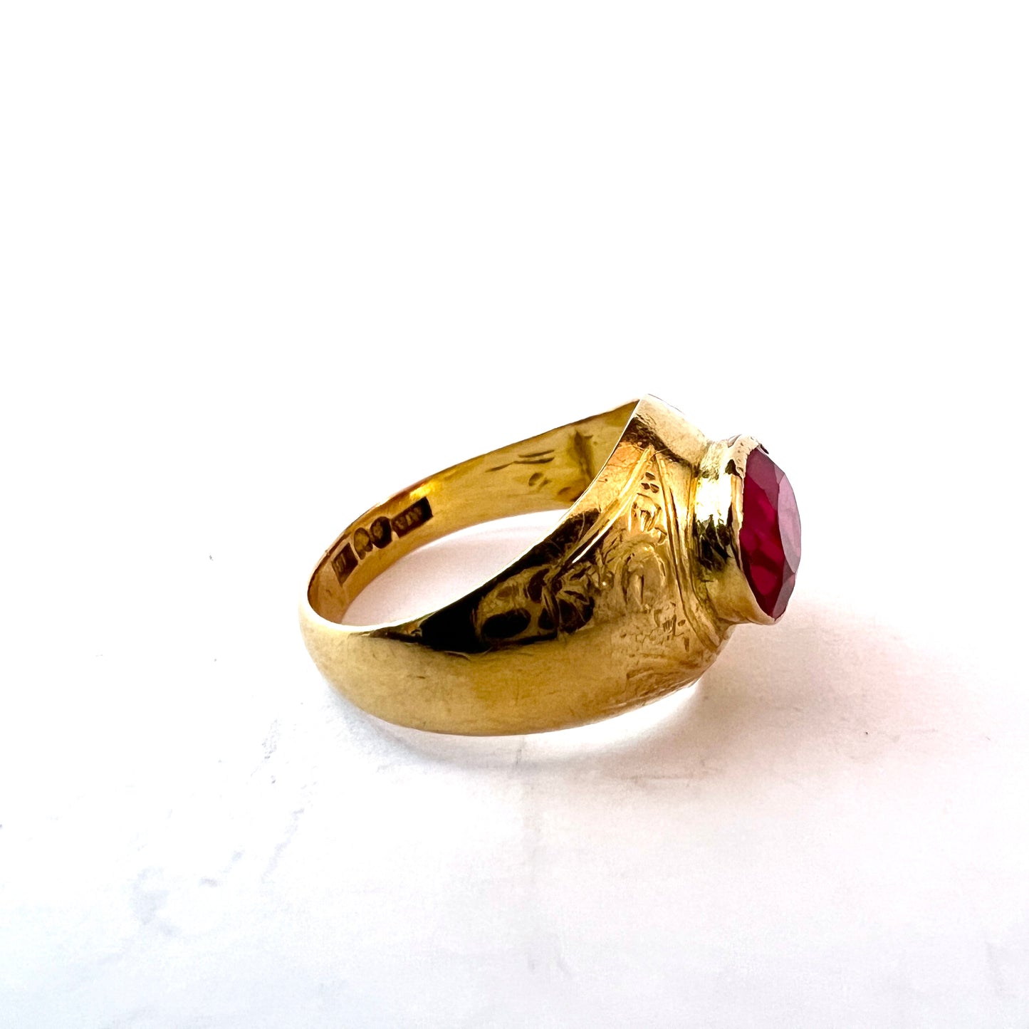 J W Allan Andersson, Sweden 1940s 18k Gold Synthetic Ruby Ring.