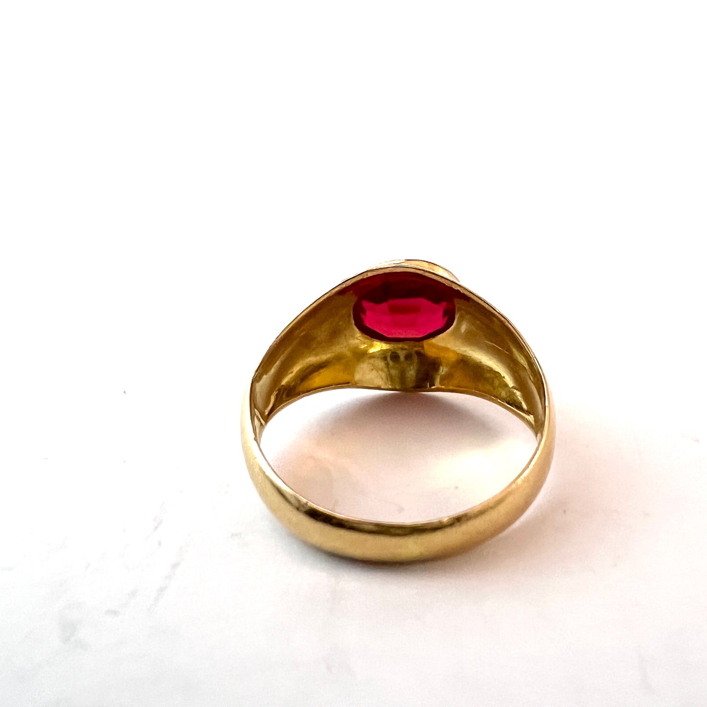 J W Allan Andersson, Sweden 1940s 18k Gold Synthetic Ruby Ring.