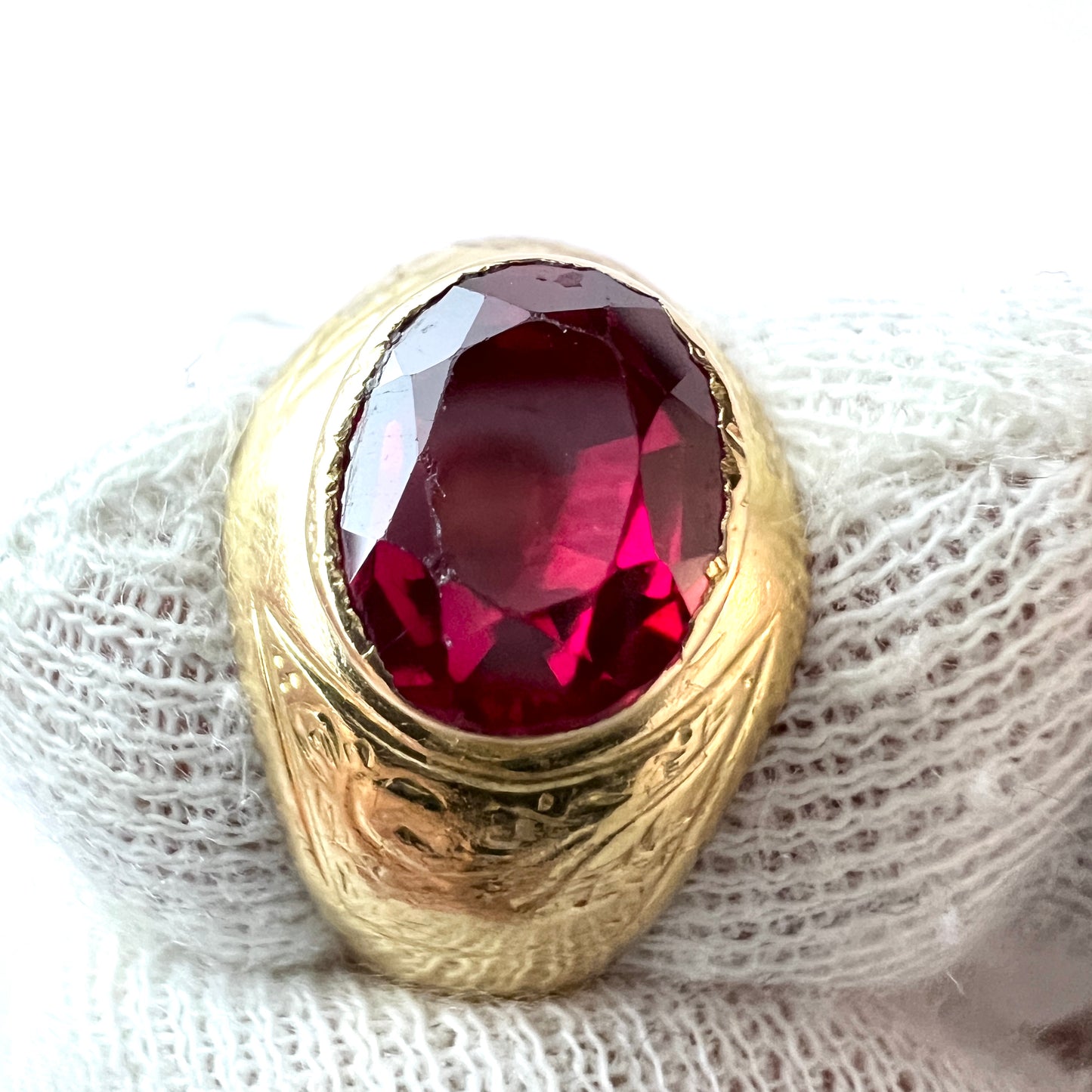 J W Allan Andersson, Sweden 1940s 18k Gold Synthetic Ruby Ring.