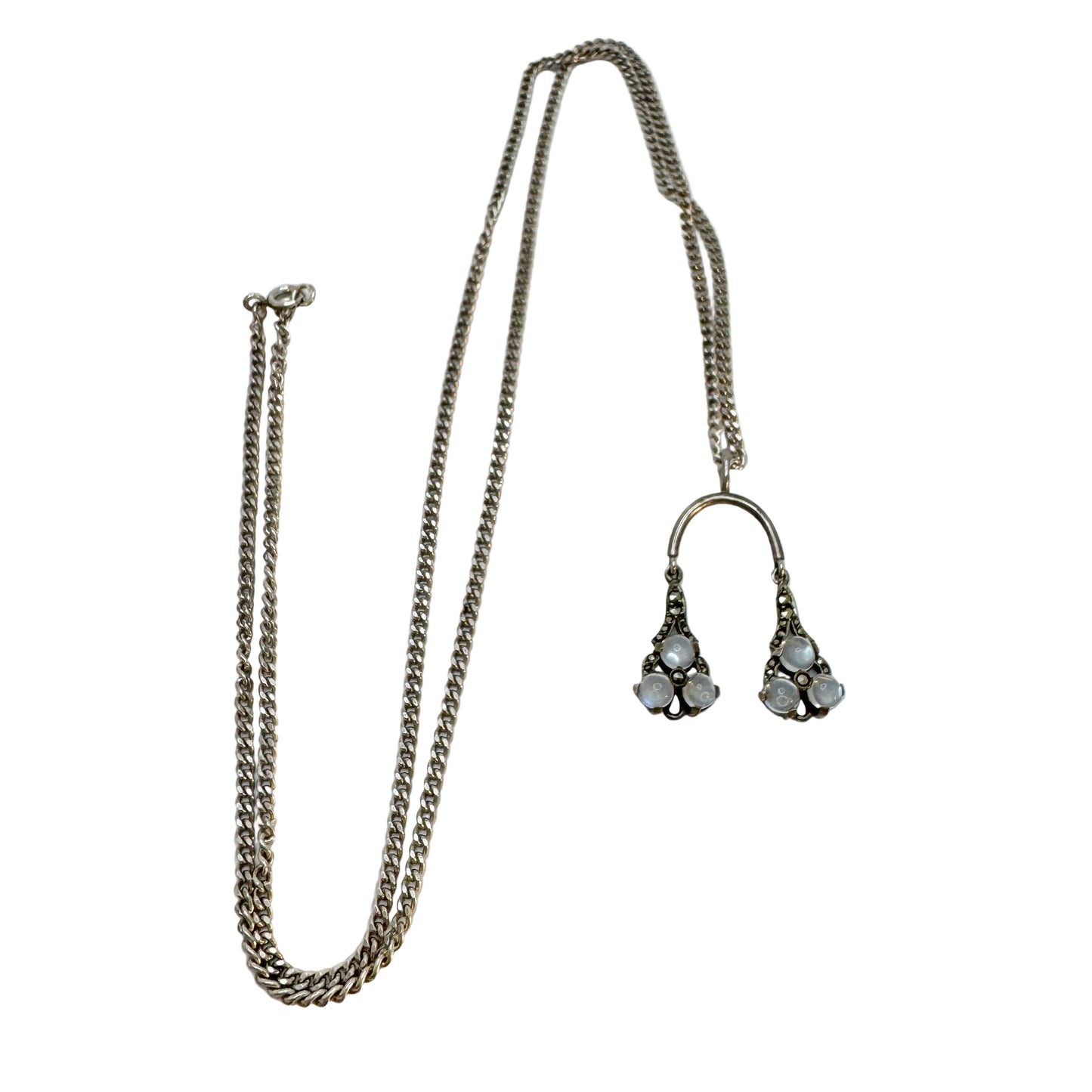 Vintage 1940-50s. Solid Silver Moonstone Pendant + Long Chain Necklace.