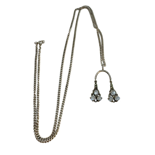 Vintage 1940-50s. Solid Silver Moonstone Pendant + Long Chain Necklace.