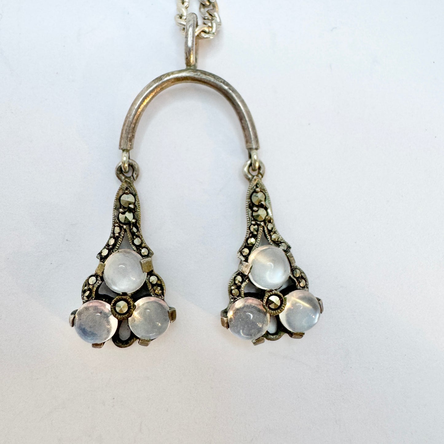 Vintage 1940-50s. Solid Silver Moonstone Pendant + Long Chain Necklace.