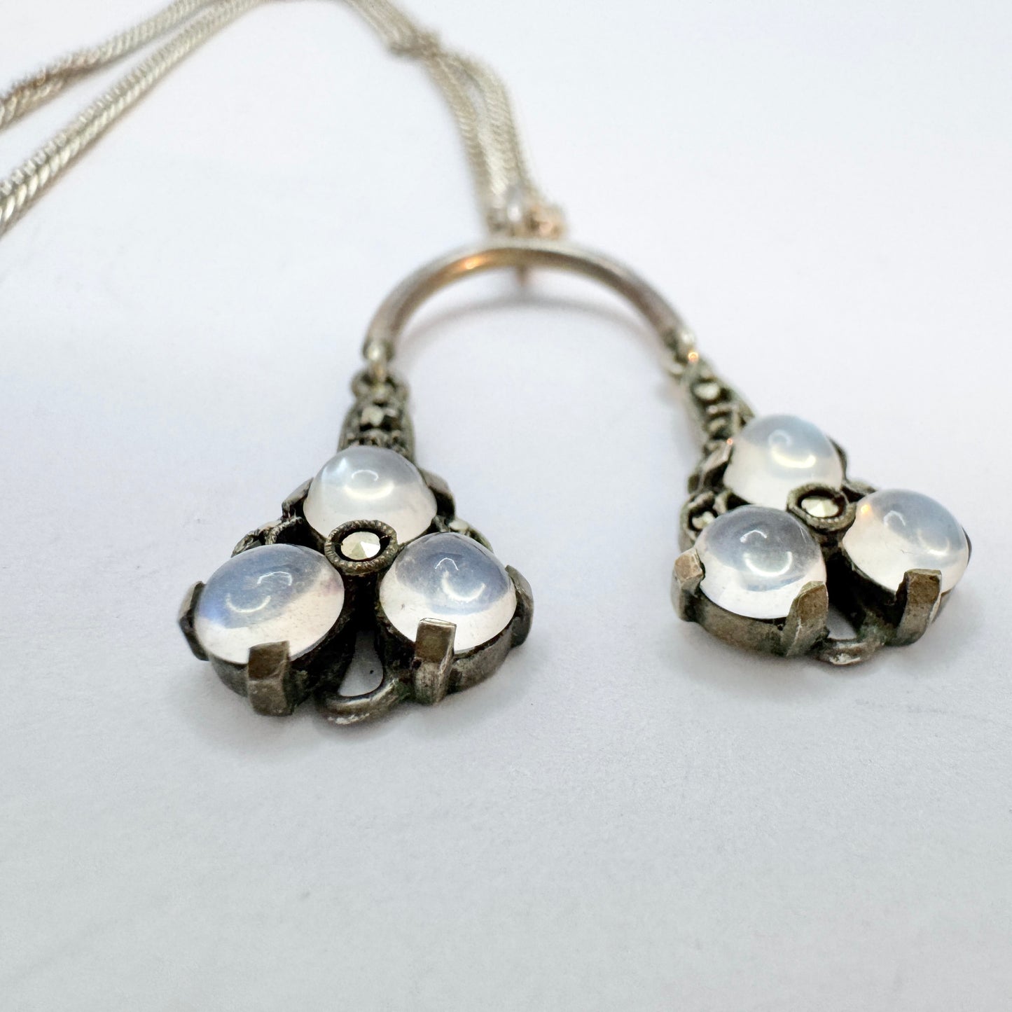Vintage 1940-50s. Solid Silver Moonstone Pendant + Long Chain Necklace.