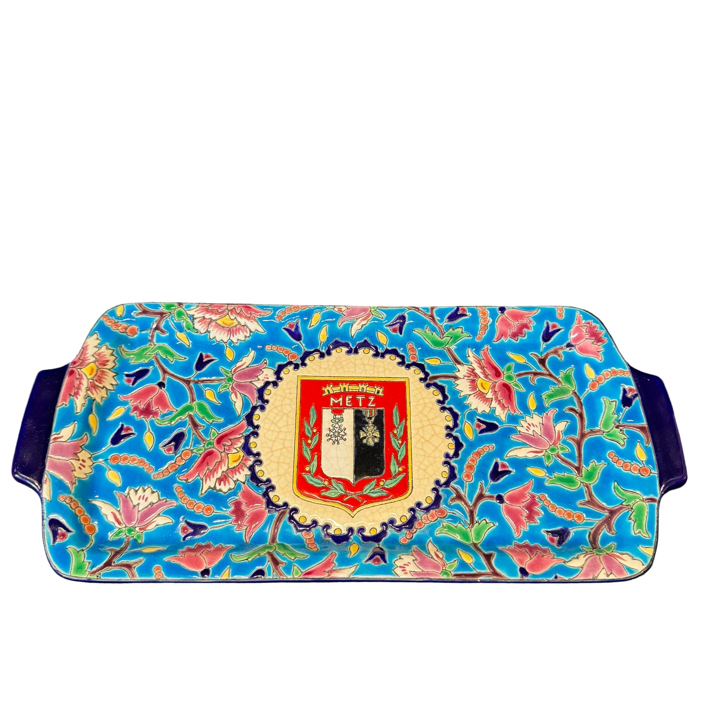 Longwy, France. Vintage Enamelled Earthenware Tray