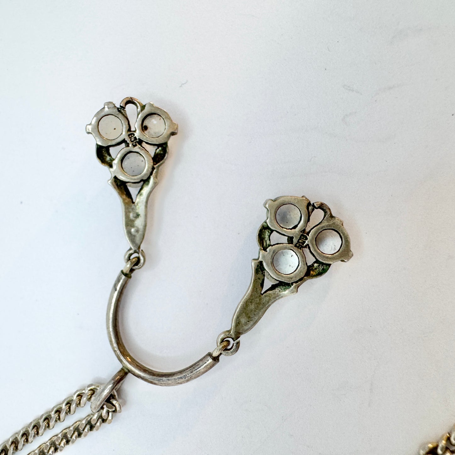 Vintage 1940-50s. Solid Silver Moonstone Pendant + Long Chain Necklace.