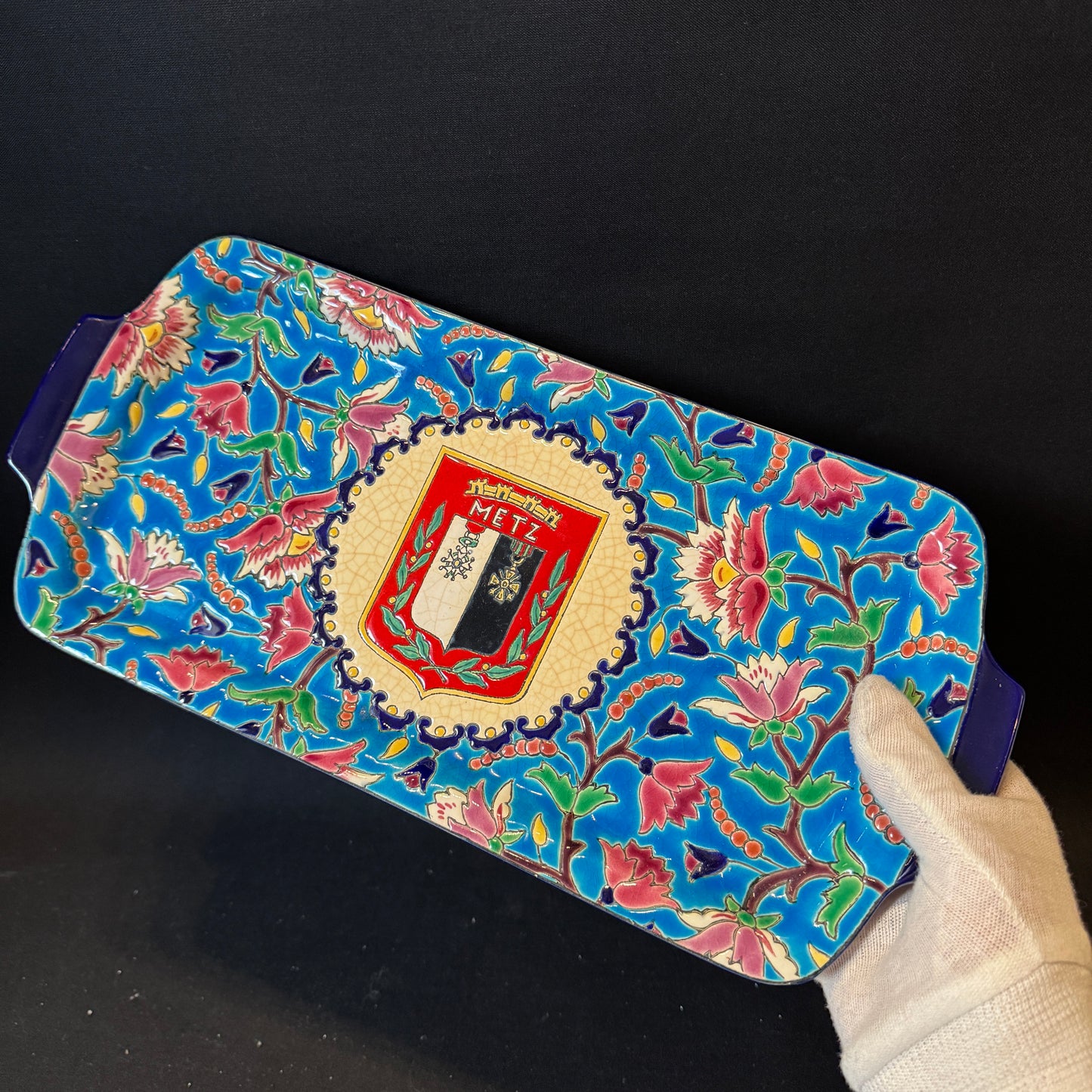 Longwy, France. Vintage Enamelled Earthenware Tray