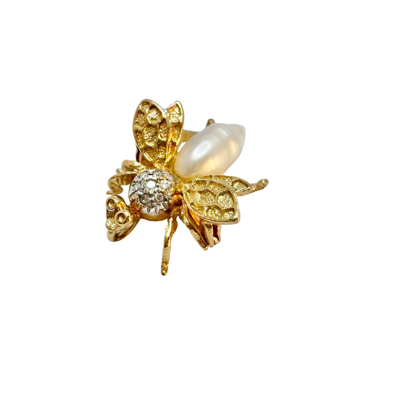 Vintage 14k Gold Diamond Pearl Bug Brooch.