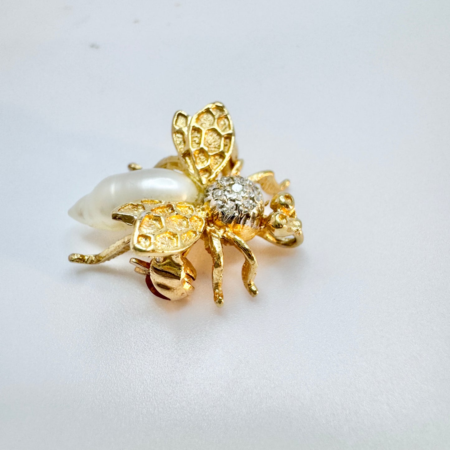 Vintage 14k Gold Diamond Pearl Bug Brooch.