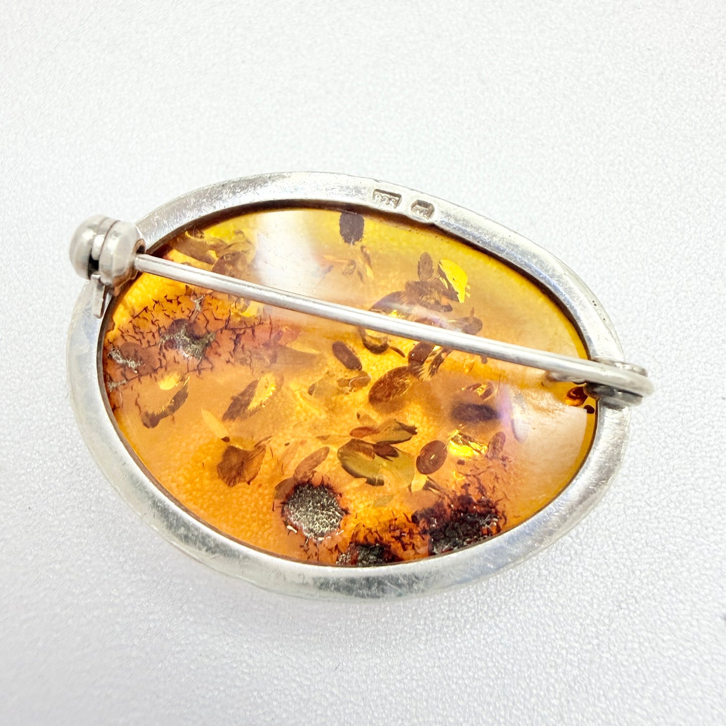 Vintage Sterling Silver Amber Brooch.