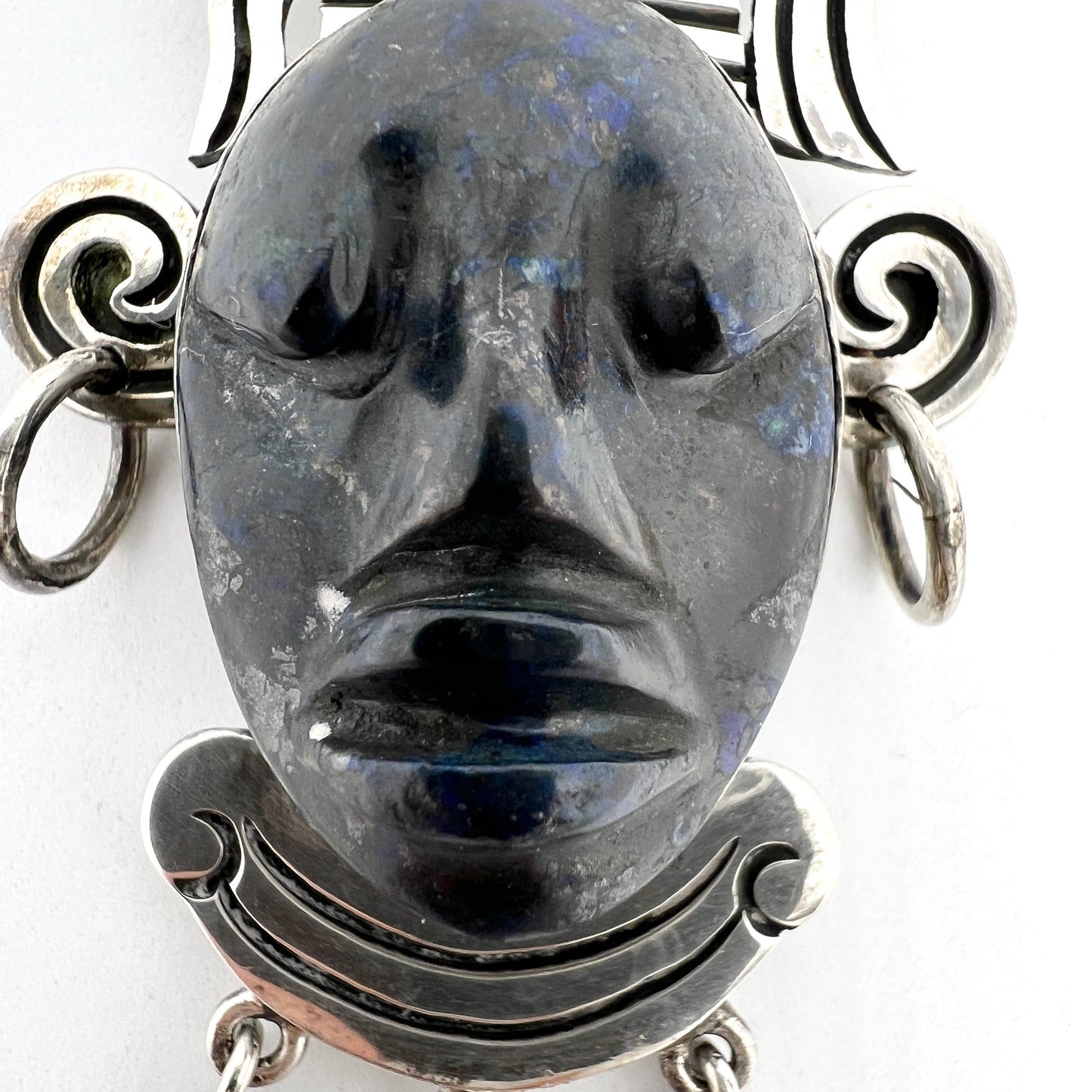 MCE Mexico. Large Vintage Sterling Silver Carved Lapis Lazuli Face Brooch. 1.97oz