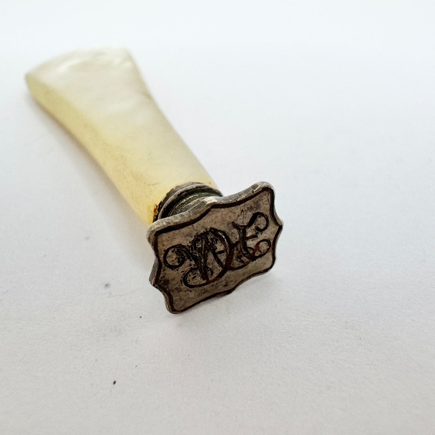 Antique Mother of Pearl Metal Wax Seal Stamp. "NH"
