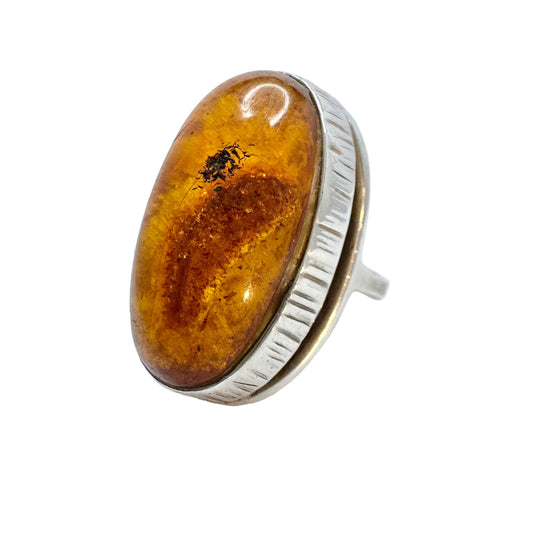 Wrochaw, Poland 1960-70s. Vintage Solid Silver Baltic Amber Ring.