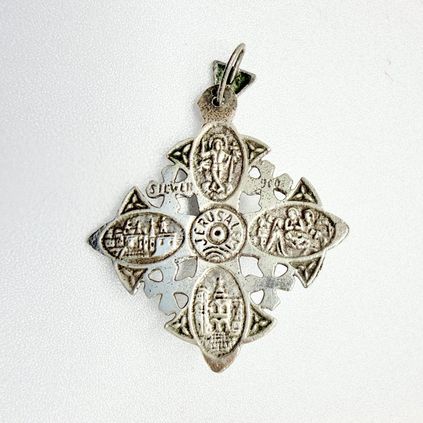 Jerusalem. Vintage Solid Silver Eilat Stone Cross Pendant.