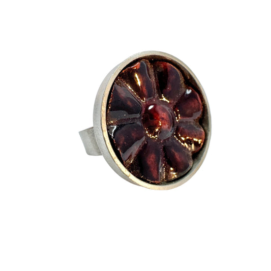 Lysgaard Design, Denmark c 1970. Bold Vintage Hippie Flower Pewter Enamel Ceramic Ring.