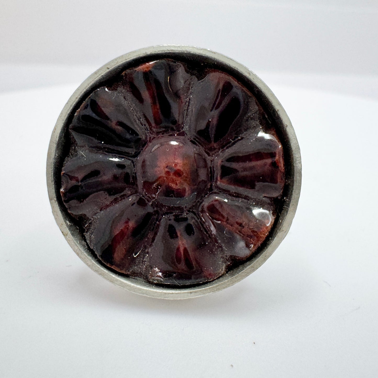 Lysgaard Design, Denmark c 1970. Bold Vintage Hippie Flower Pewter Enamel Ceramic Ring.
