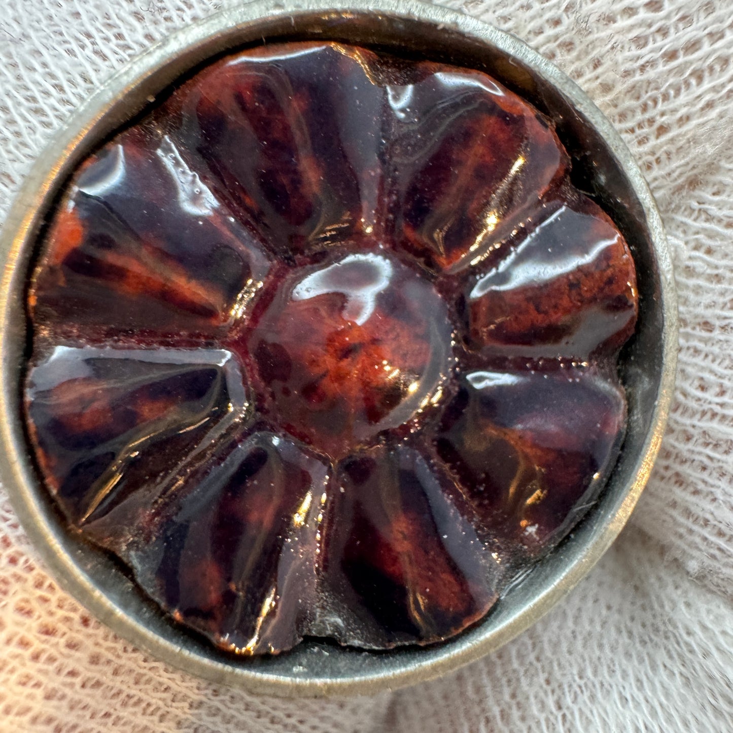 Lysgaard Design, Denmark c 1970. Bold Vintage Hippie Flower Pewter Enamel Ceramic Ring.