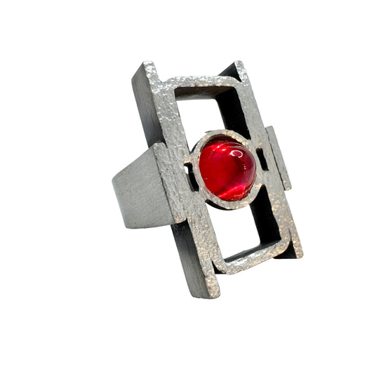 Lageskov Tin Denmark. Vintage Brutalist Pewter Red Paste Ring.