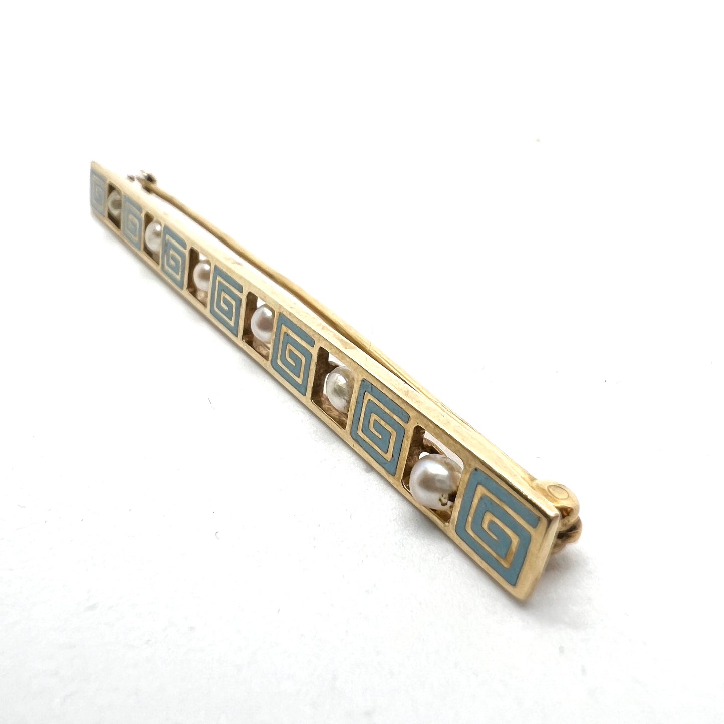 Early 1900s 14k Gold Enamel Pearl Bar Pin. Pat'd 1909