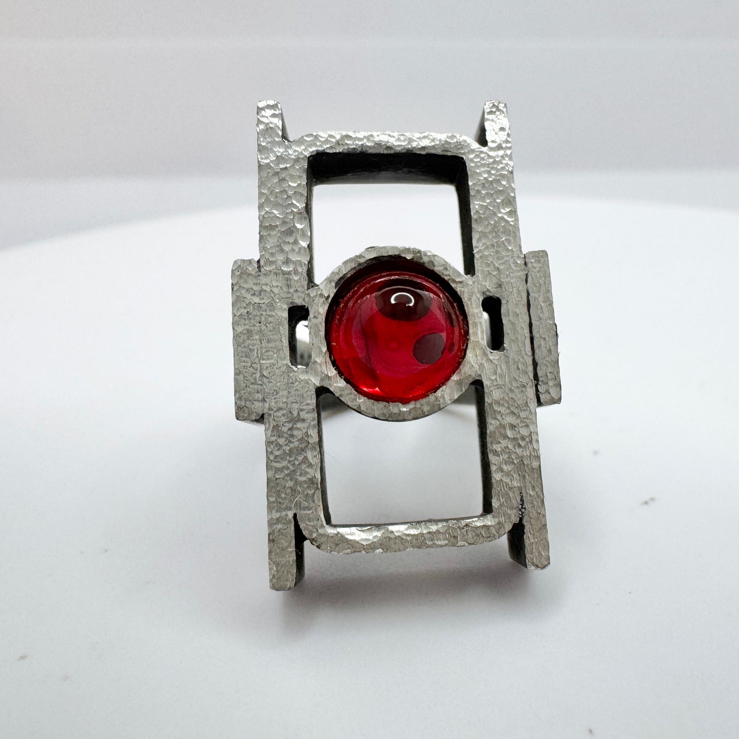 Lageskov Tin Denmark. Vintage Brutalist Pewter Red Paste Ring.