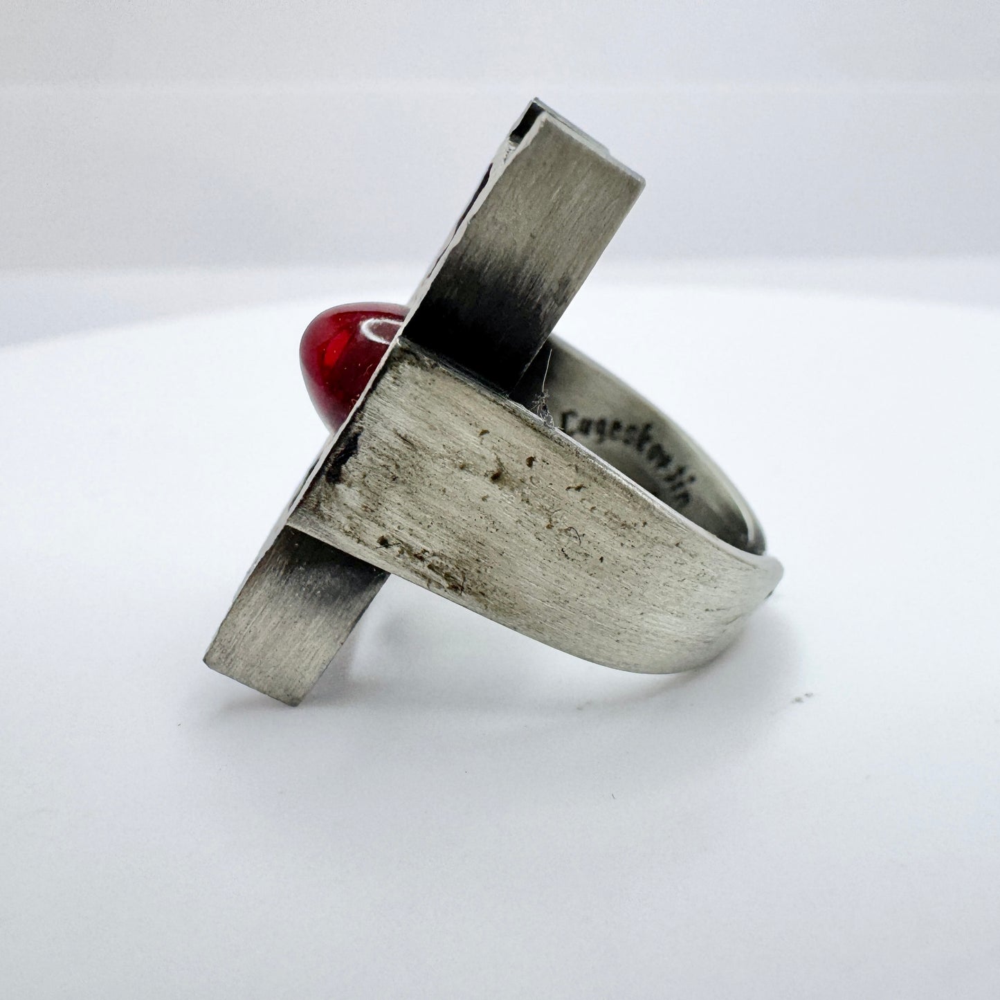 Lageskov Tin Denmark. Vintage Brutalist Pewter Red Paste Ring.