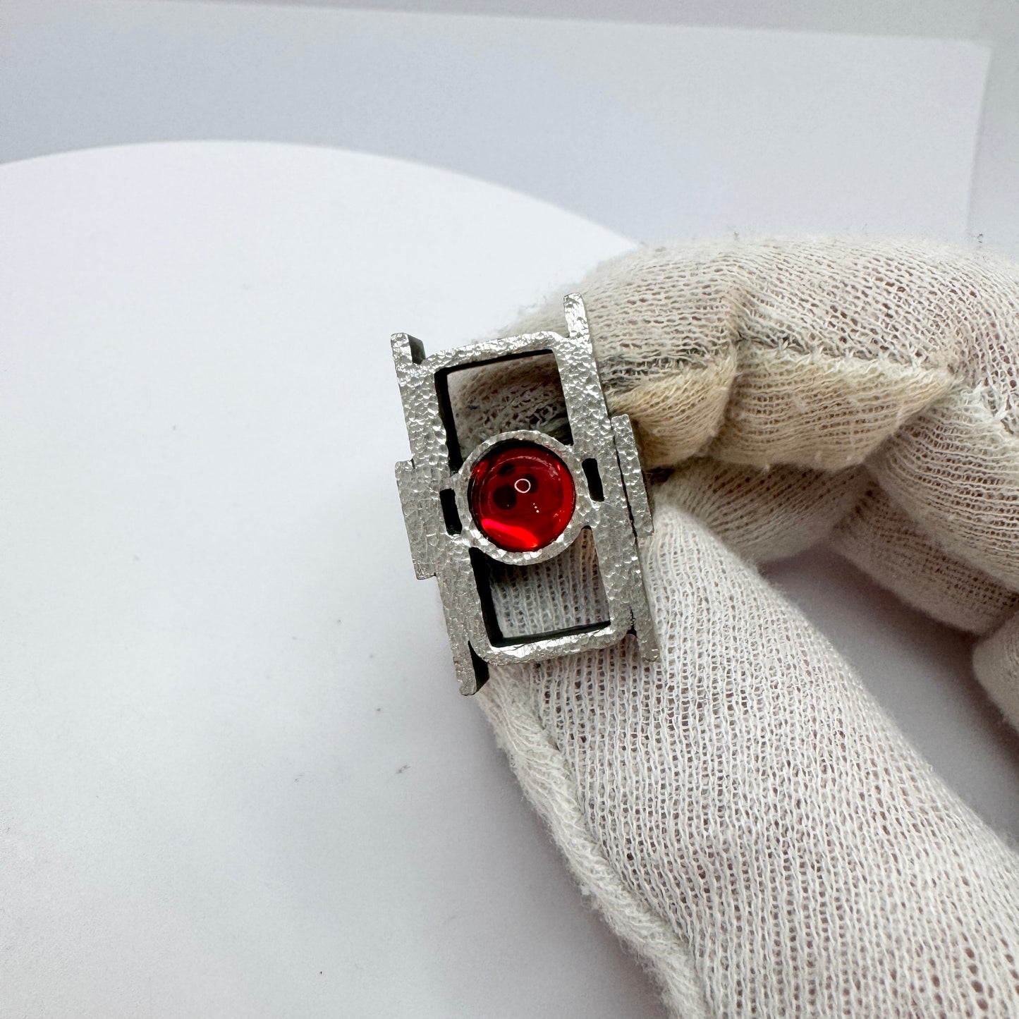 Lageskov Tin Denmark. Vintage Brutalist Pewter Red Paste Ring.