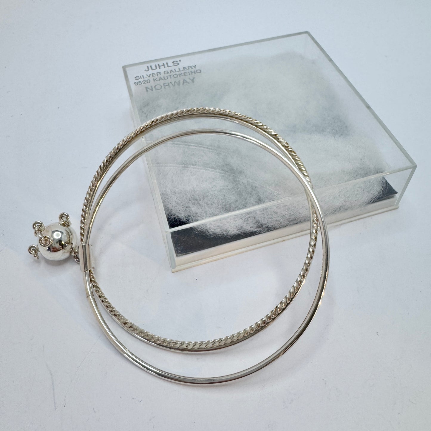 Juhls, Norway. Vintage Sterling Silver Bangle Stack Magic Ball Charm Bracelet. Boxed