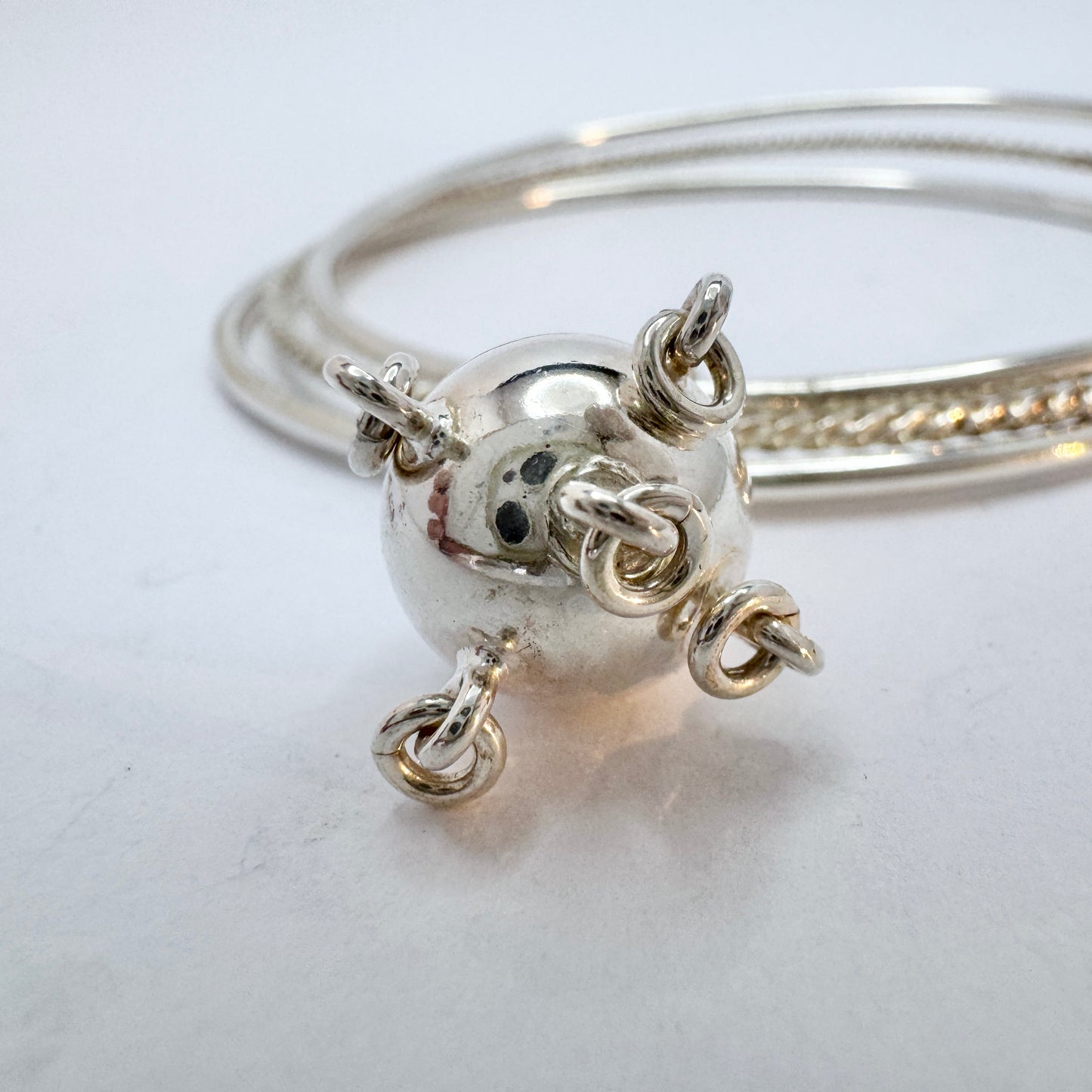 Juhls, Norway. Vintage Sterling Silver Bangle Stack Magic Ball Charm Bracelet. Boxed