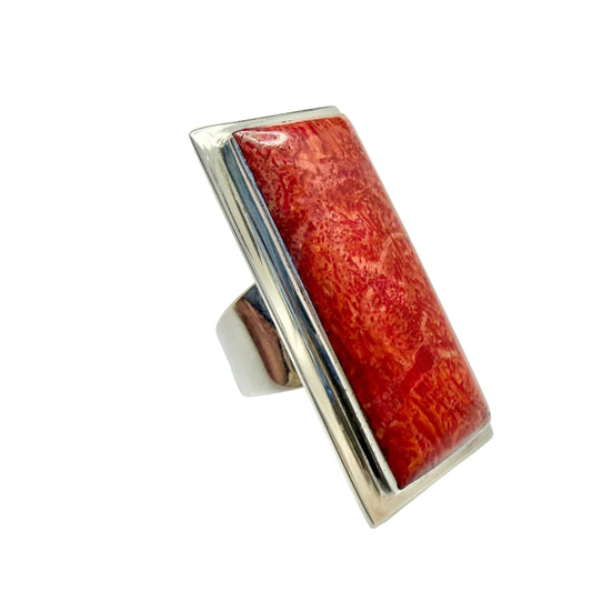 Bold Vintage Sterling Silver Large Red Coral Ring.