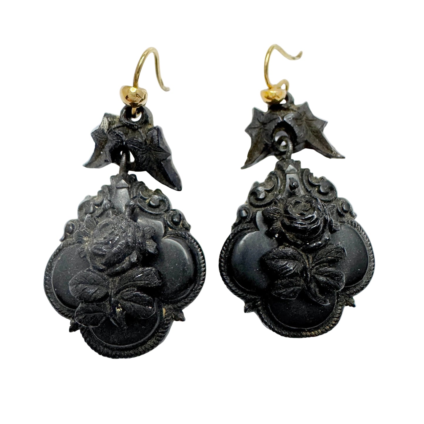 Antique Victorian Jet 18k Gold Mourning Earrings.
