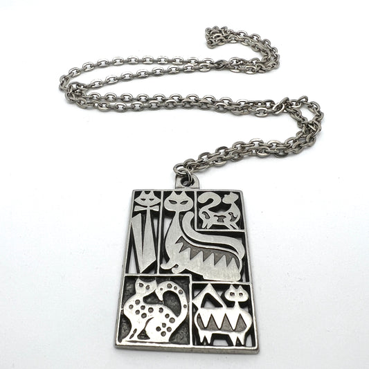 Sweden 1960-70s. Chunky Pewter Cats Pendant Necklace.