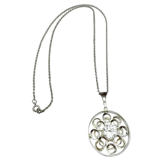 Salovaara, Finland year 1970. Vintage Sterling Silver Rock Crystal Pendant Necklace.