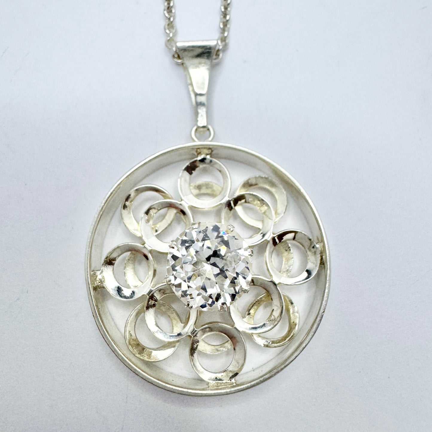 Salovaara, Finland year 1970. Vintage Sterling Silver Rock Crystal Pendant Necklace.