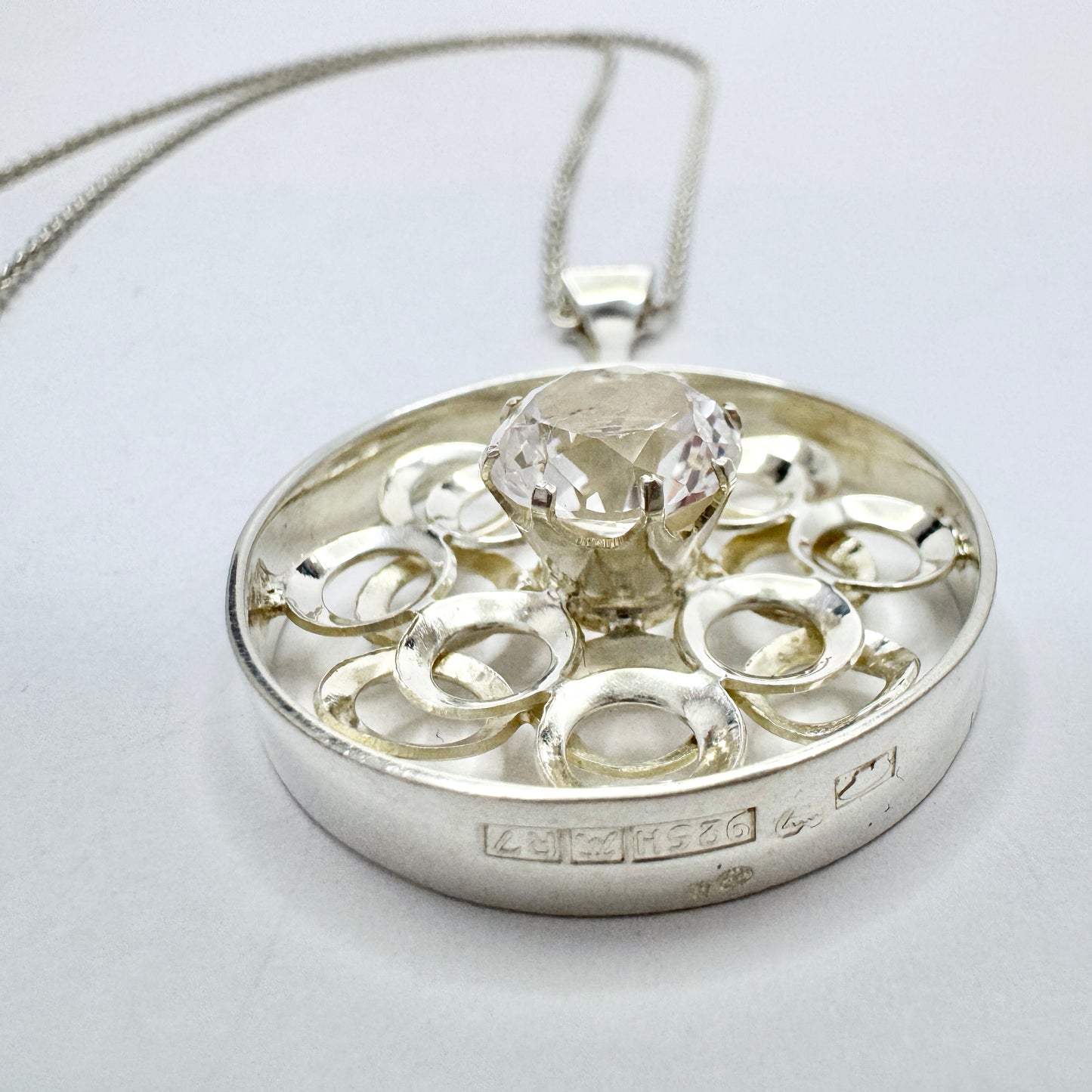 Salovaara, Finland year 1970. Vintage Sterling Silver Rock Crystal Pendant Necklace.