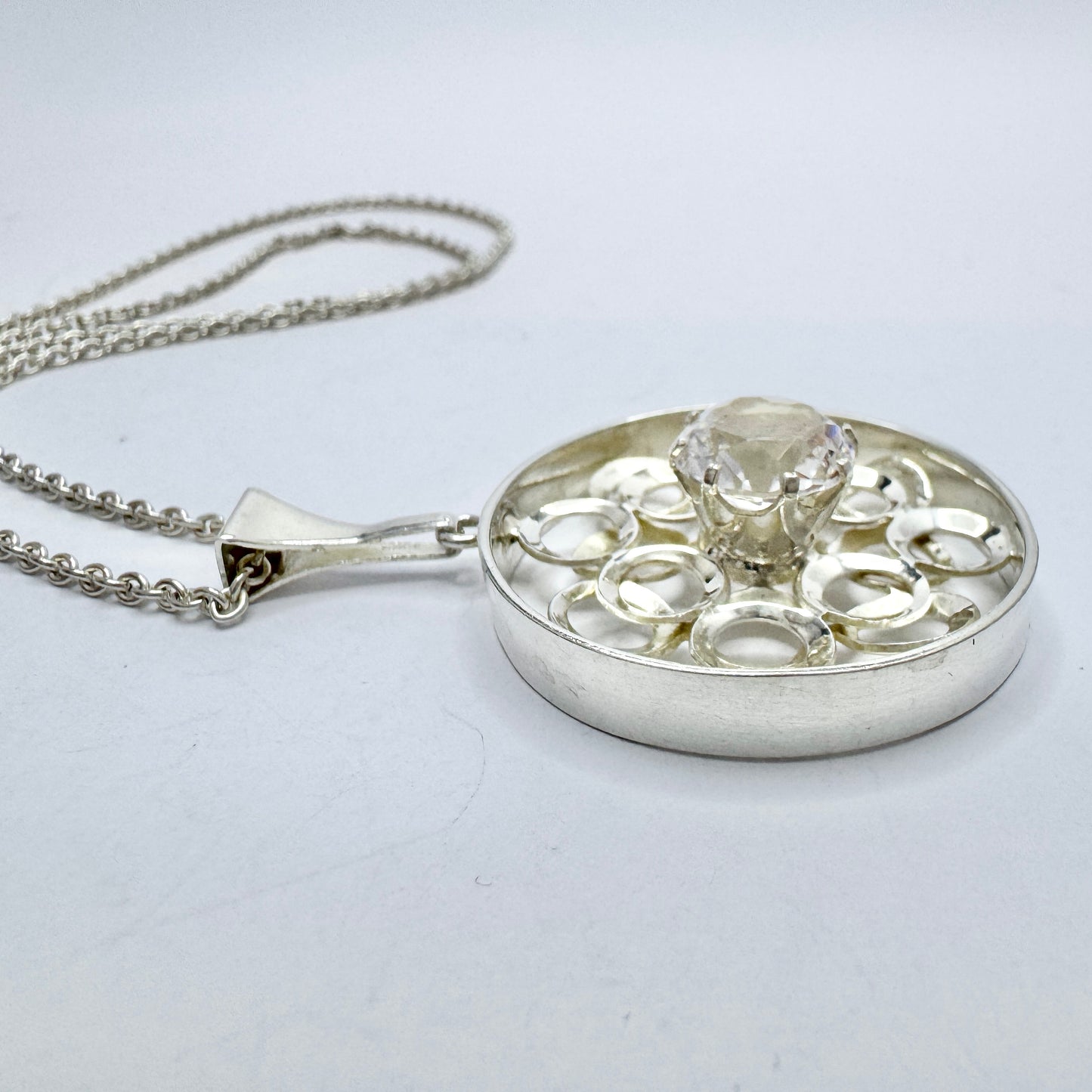 Salovaara, Finland year 1970. Vintage Sterling Silver Rock Crystal Pendant Necklace.
