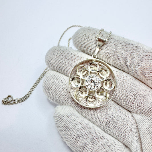 Salovaara, Finland year 1970. Vintage Sterling Silver Rock Crystal Pendant Necklace.