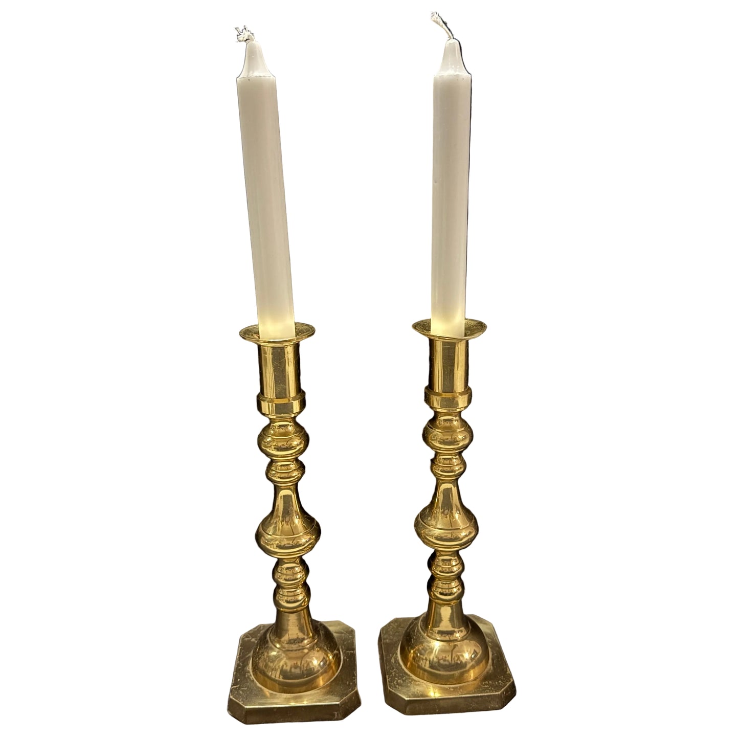 Large Vintage or Antique Pair of Brass Sectional Candlesticks.