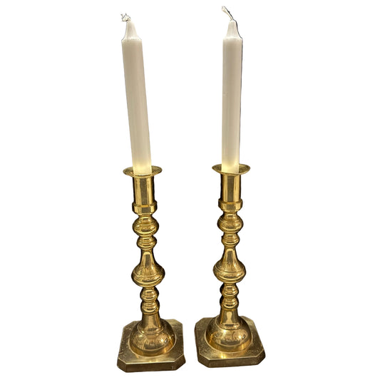 Large Vintage or Antique Pair of Brass Sectional Candlesticks.