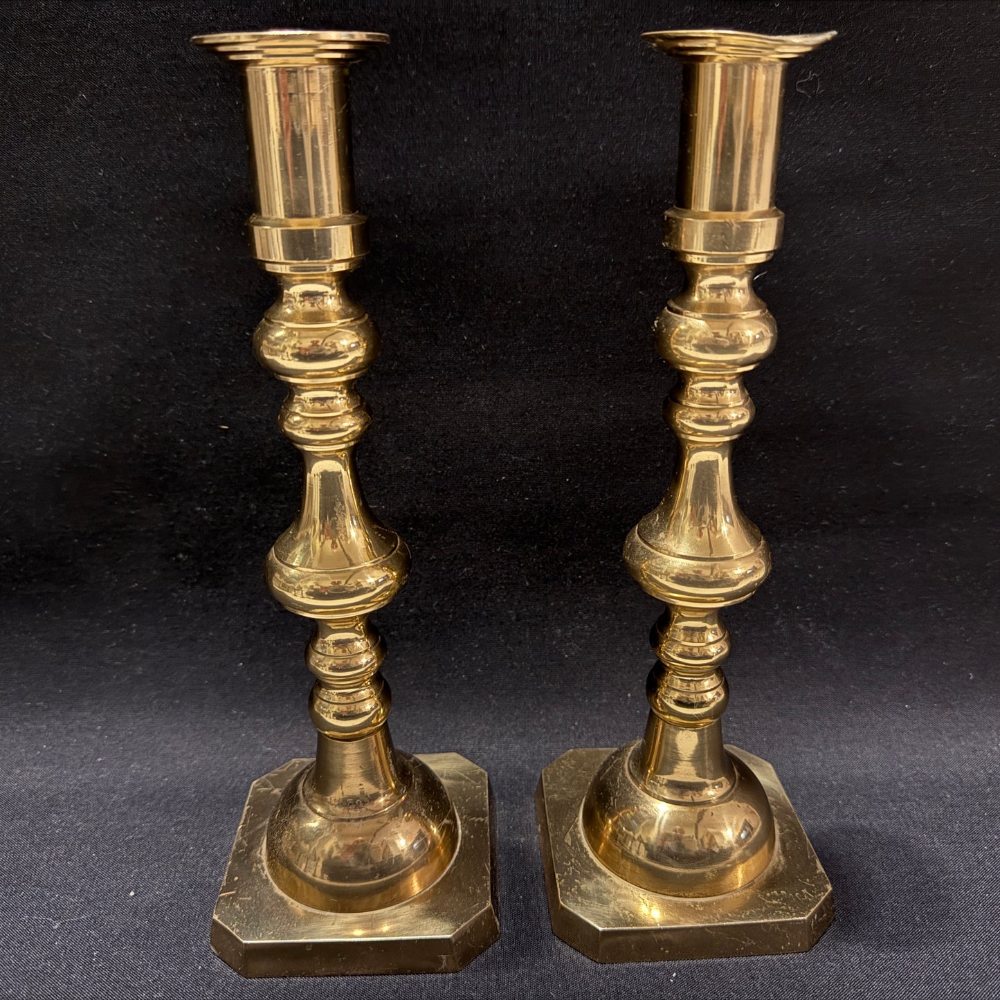Large Vintage or Antique Pair of Brass Sectional Candlesticks.