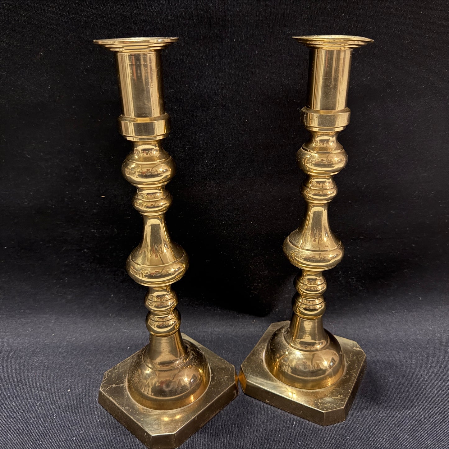 Large Vintage or Antique Pair of Brass Sectional Candlesticks.
