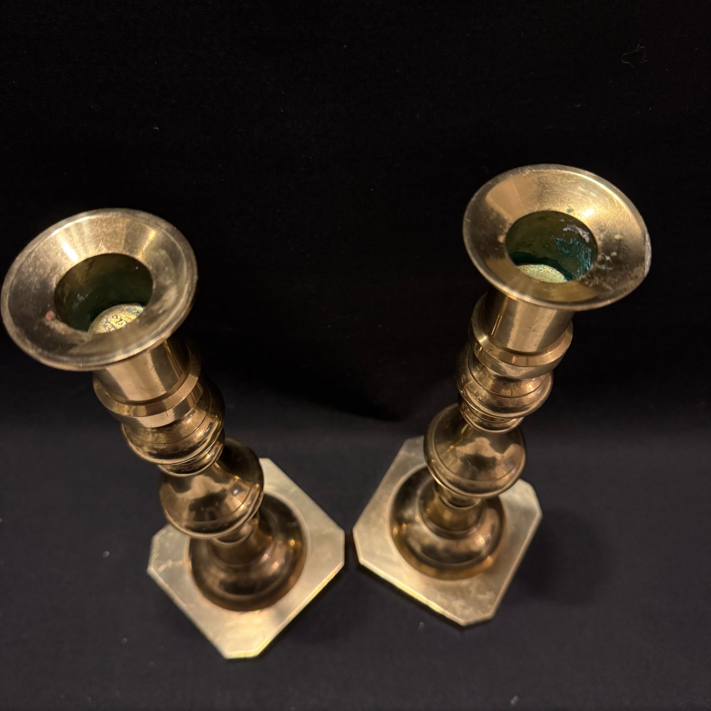 Large Vintage or Antique Pair of Brass Sectional Candlesticks.