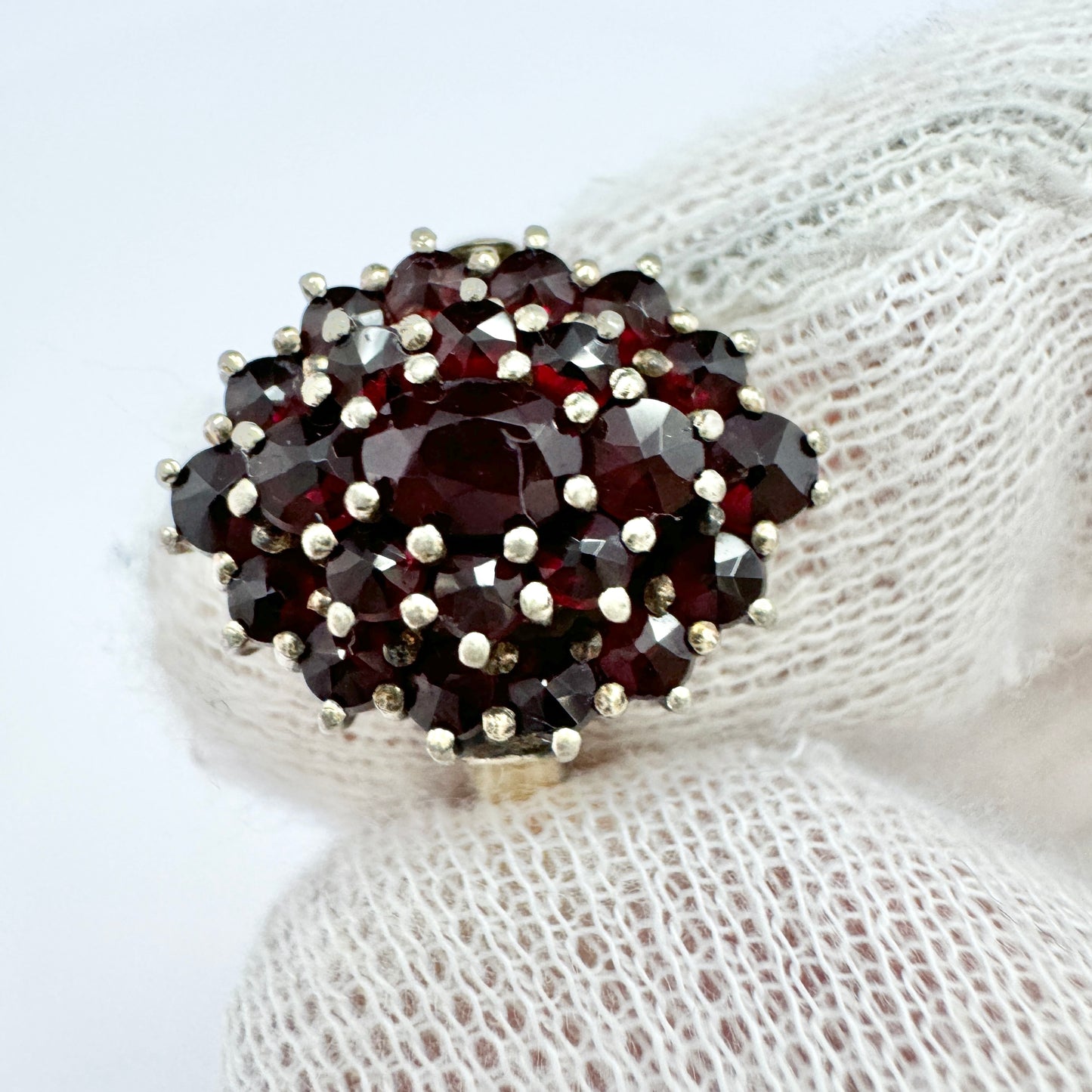 Vintage Bohemian Garnet Gilt Solid Silver Ring. c 1940-50s.