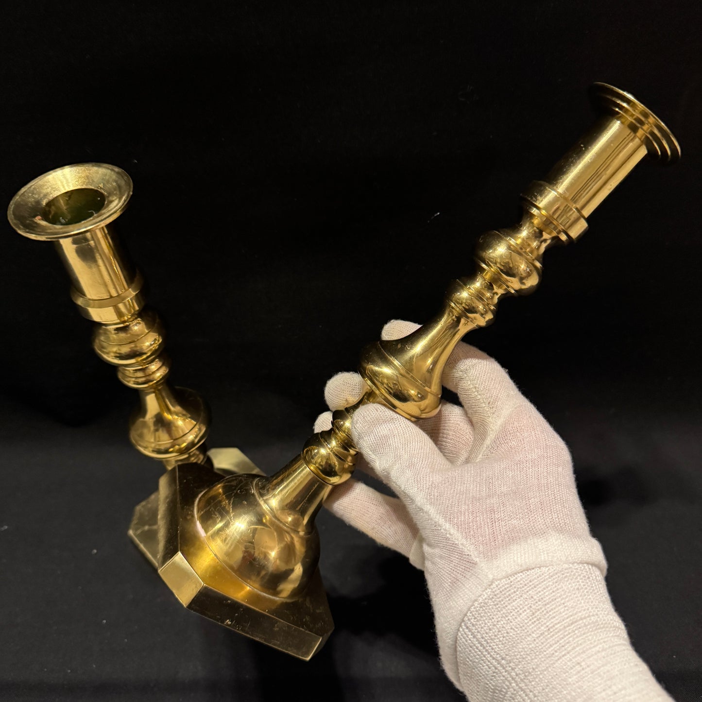 Large Vintage or Antique Pair of Brass Sectional Candlesticks.