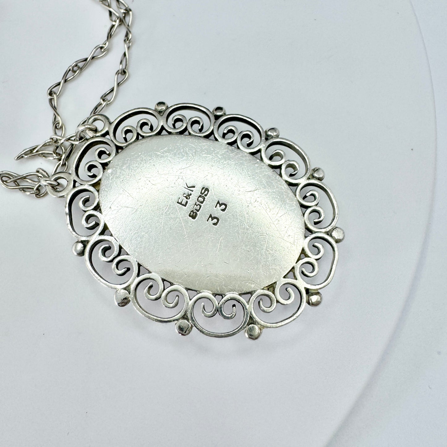 Erikson & Kromann, Denmark c 1950s. Vintage Solid Silver Pendant Long Chain Necklace.