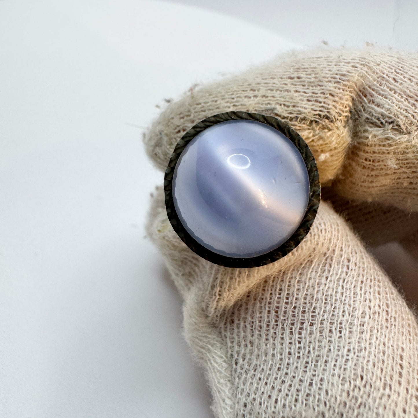 Vintage 1970s. Pewter Blue Art Glass Ring.