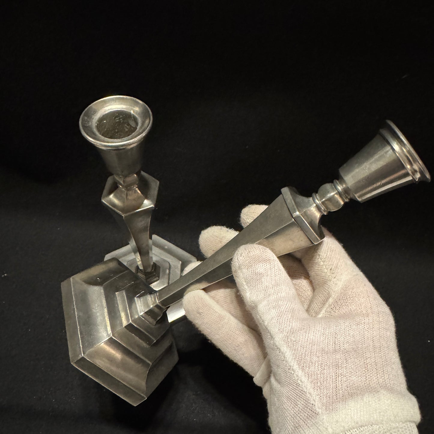 Norrahammars Tenn, Sweden year 1930. Vintage Art Deco Pewter Candlesticks