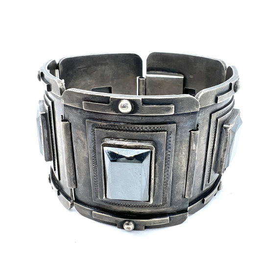 El Tesoro, Mexico. Vintage Massive 3.7oz Solid Silver Onyx Bracelet.